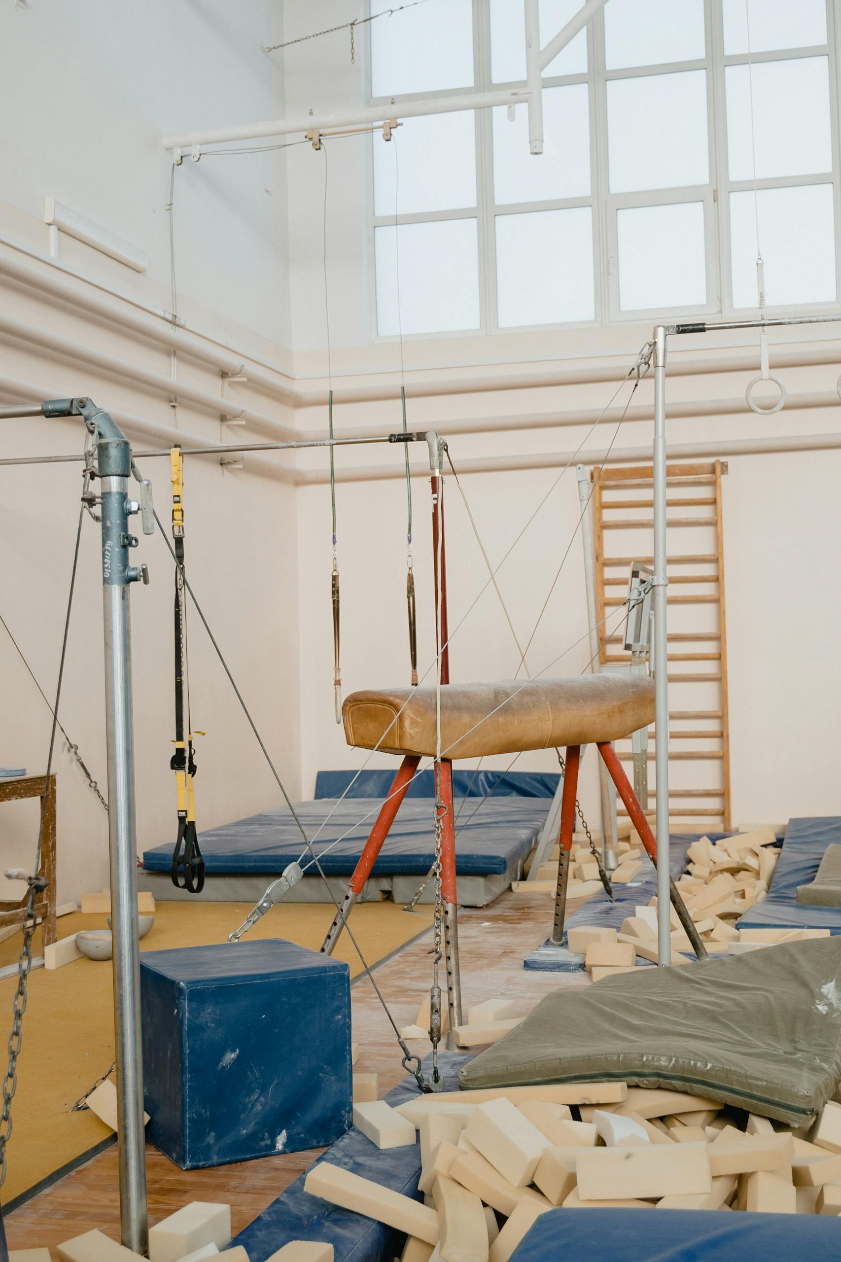 A well-equipped indoor gymnastics training facility with various gymnastics equipment.
