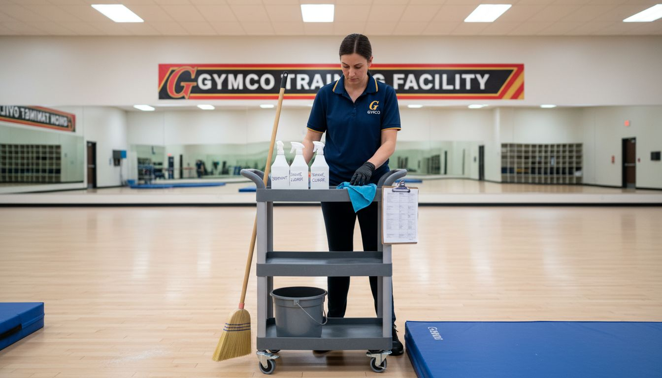 Staff prepping cleaning tools for gym mat maintenance