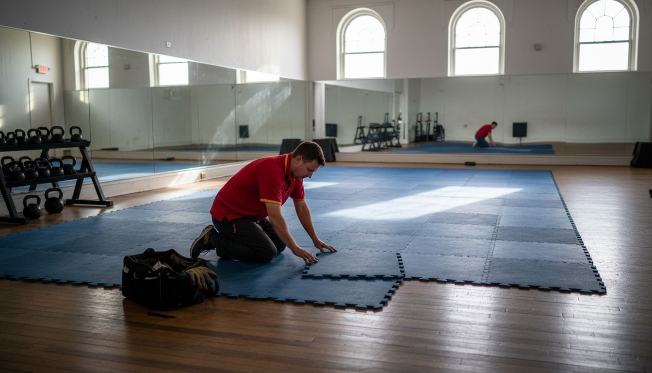 Technician installing interlocking modular gym mats