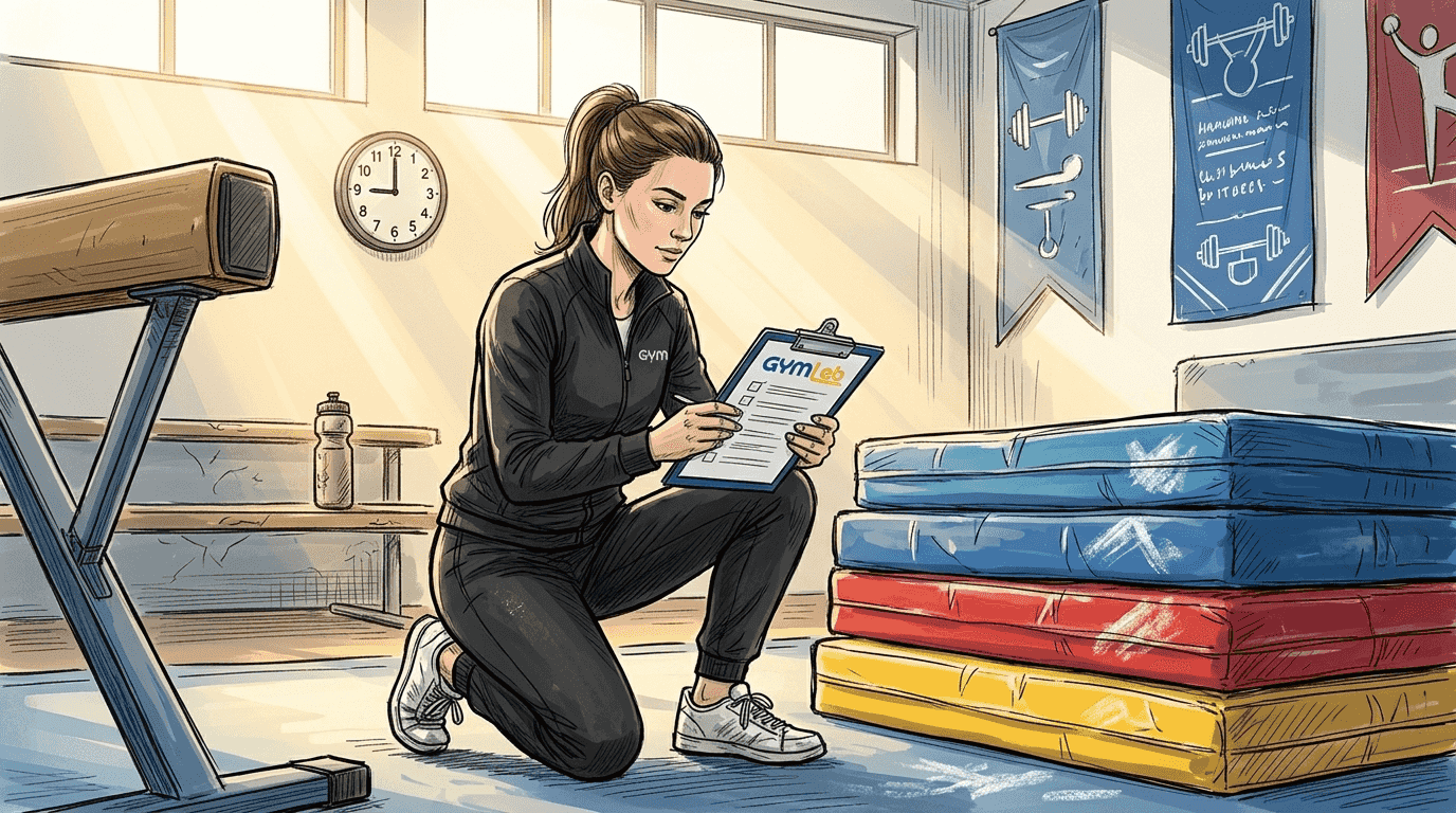 Coach inspecting gymnastics mats in gym